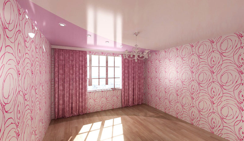комната в розовом цвете с двухцветным натяжным потолком
