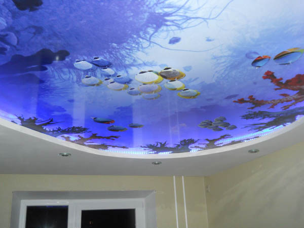 натяжной потолок в зале фото с печатью аквариум