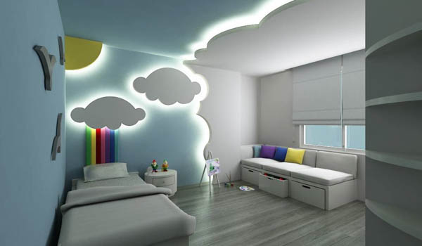 натяжной потолок в детской с облаками